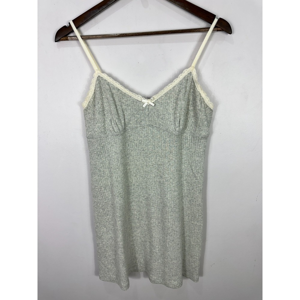 Forever 21 Gray Babydoll Ribbed Lace Trim Slip Dress Mini Y2K Spaghetti Strap XL